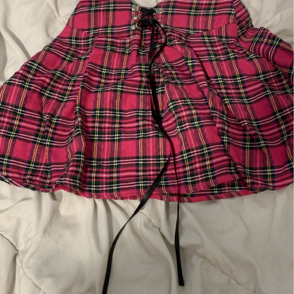 Shein Pink plaid high waisted lace up skirt